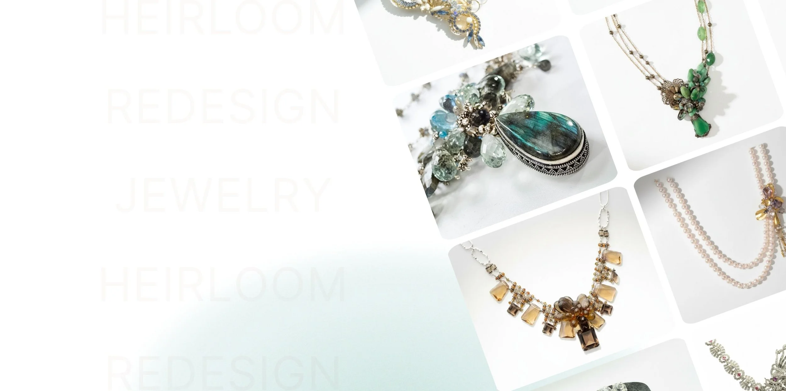 Finished heirloom redesigns by Andrea Li, including client pieces rebuilt from inherited jade, whiskey topaz and pearls