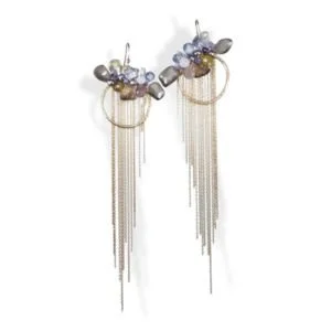 Hoop earrings with a gemstone cluster and long fine chain fringe, by Andrea Li