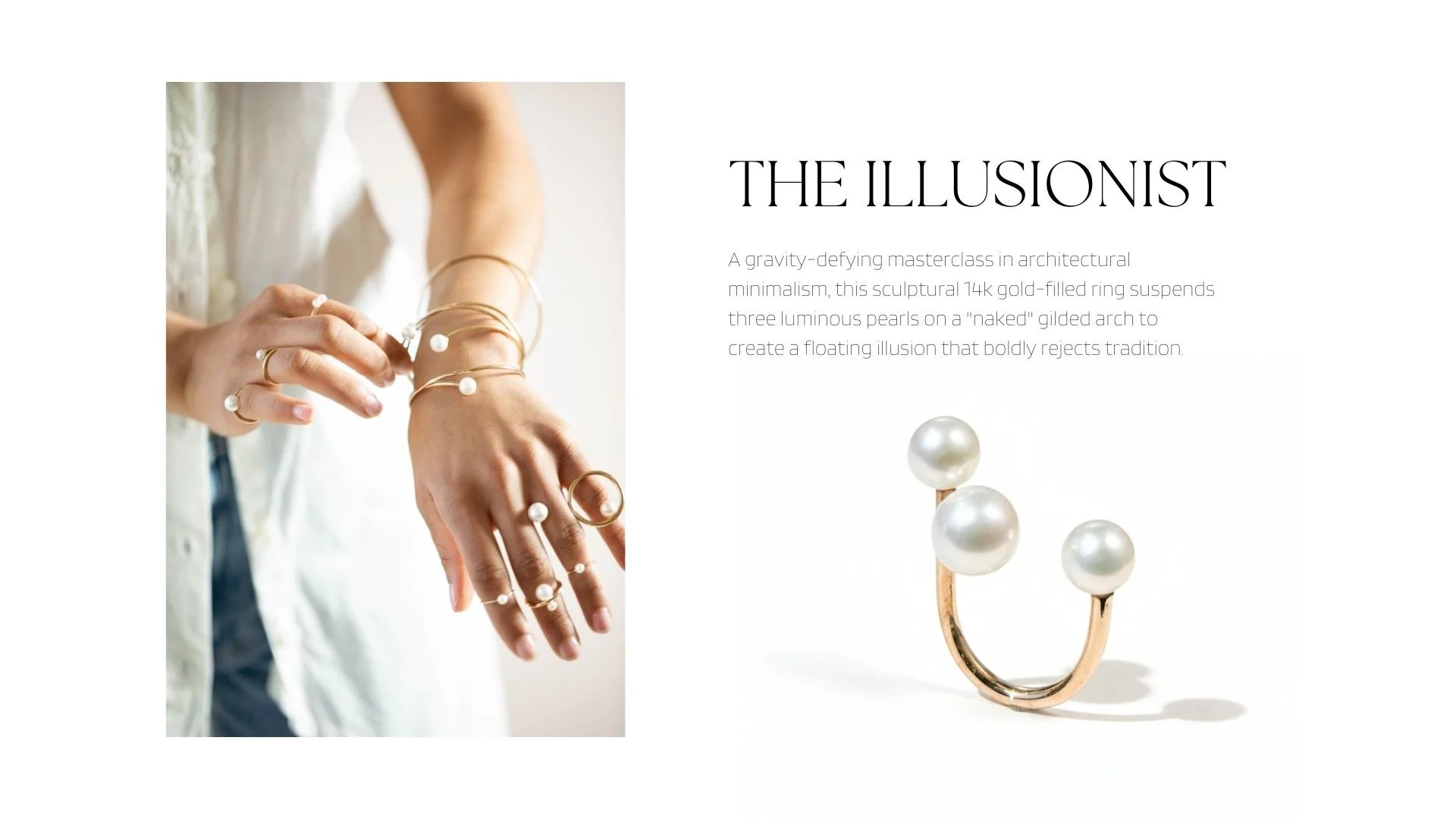Aglow lookbook page featuring The Illusionist ring, a sculptural 14k gold-filled open band with three luminous pearls, shown on a model’s hand and as a close-up product photo on a white background