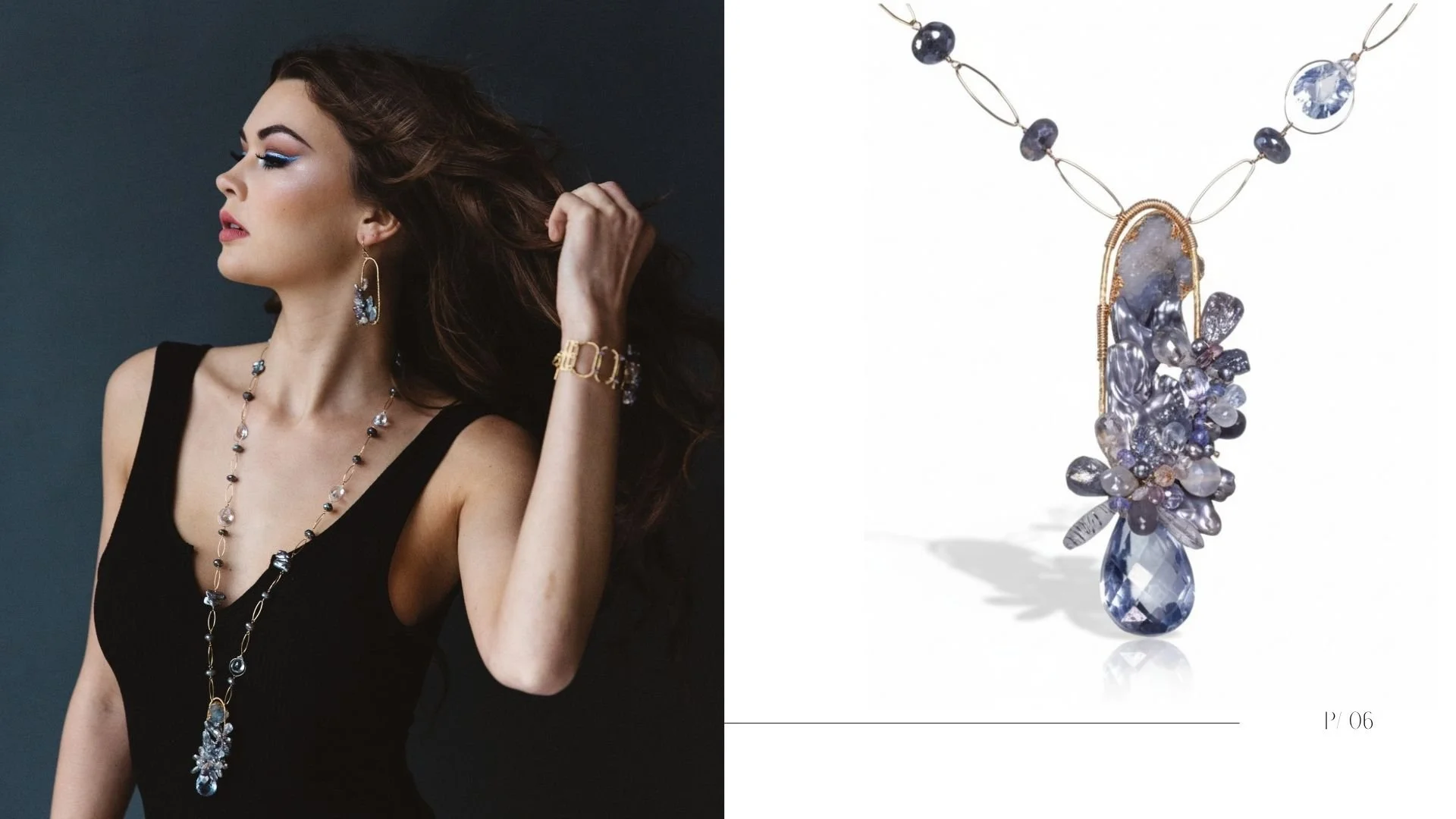 Lookbook page featuring a moody portrait of a woman in a black dress wearing a long blue-and-gold statement necklace and matching bracelet, alongside a product photo of the same pendant necklace with clustered blue gemstones and gold accents.