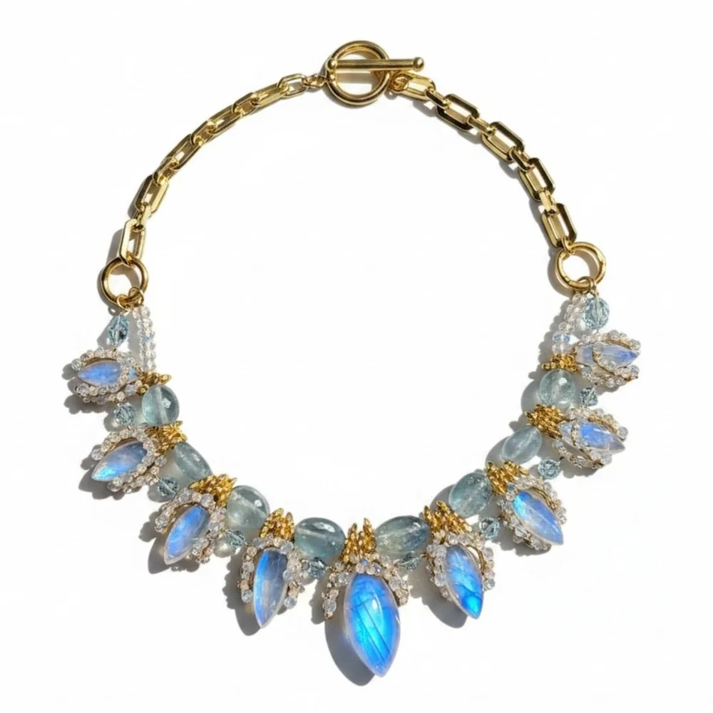 Moontide, a one-of-a-kind rainbow moonstone marquis statement necklace by Andrea Li