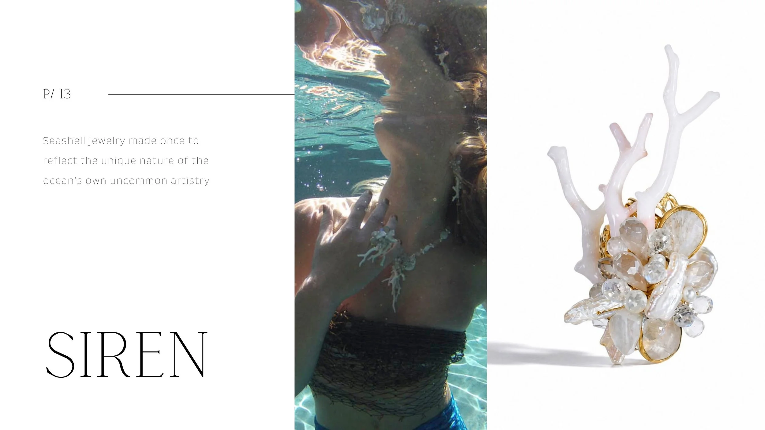 A siren model in the mermaid pool wearing handmade seashell and gemstone jewelry by Andrea Li