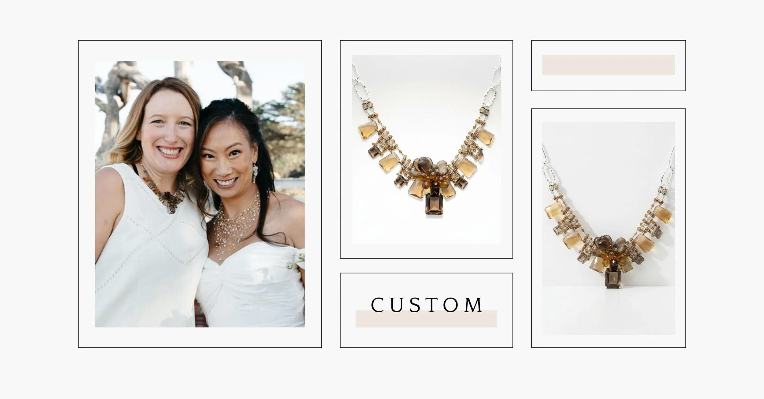 Minimalist collage featuring a smiling client, a custom amber-toned statement necklace, and the word “Custom” on a soft gray background.