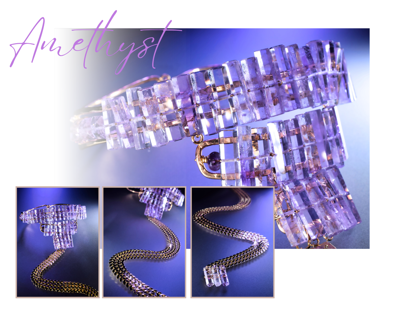amethyst choker with a dramatic gold chevron chain drop showing closeup details