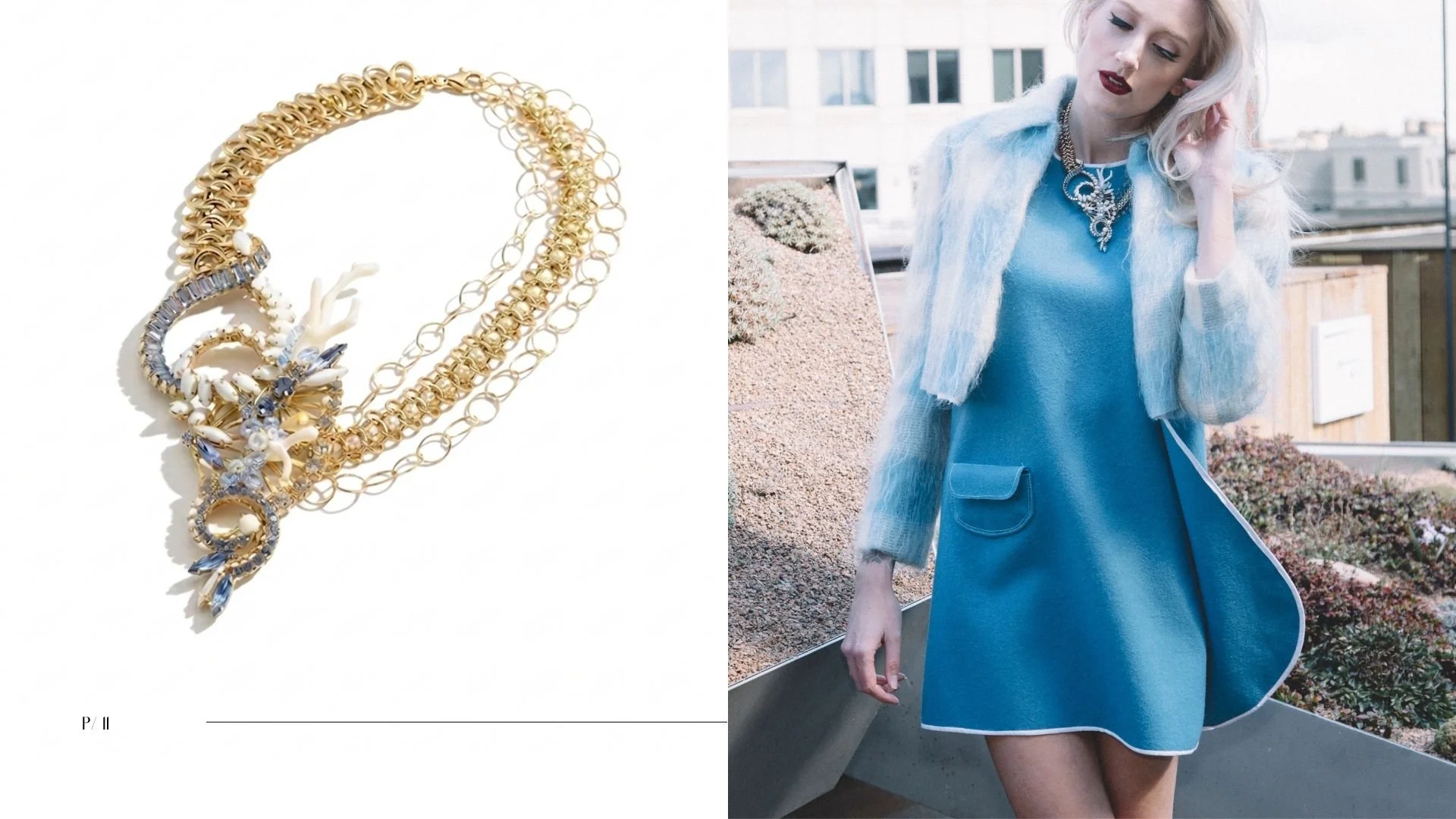 Mod lookbook spread featuring a crystal statement necklace, chandelier earrings, and mirrored model imagery on a clean white layout.