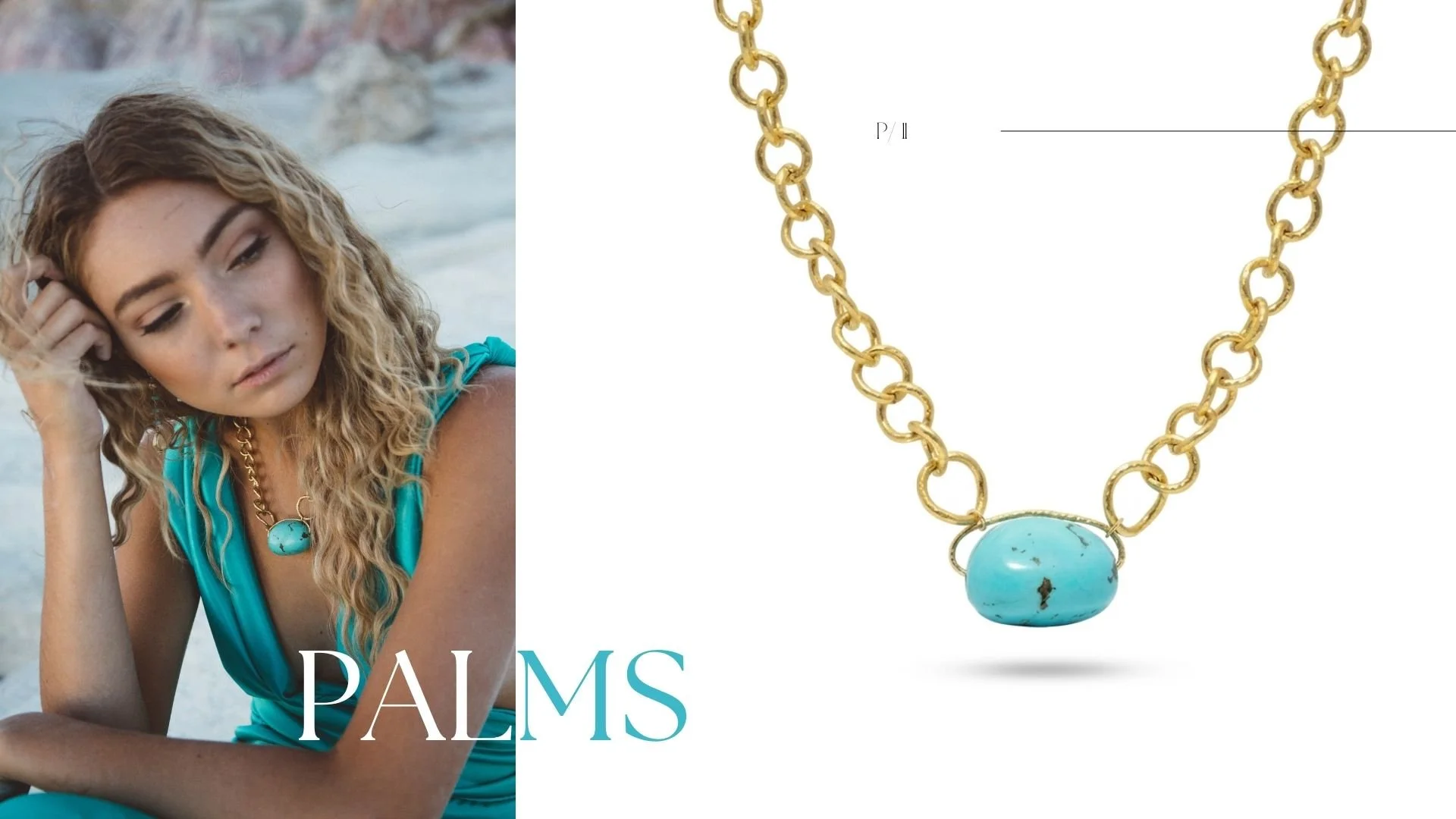 Jewelry editorial with a blonde model in turquoise wearing a chunky blue stone necklace beside a matching product close-up.