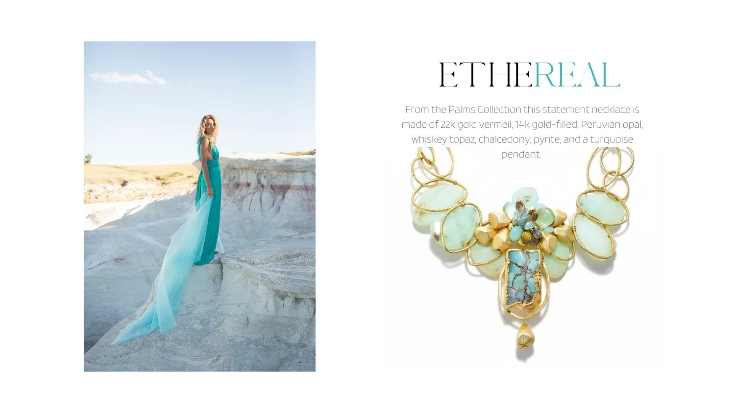 Lookbook spread with a blonde model in turquoise, plus a bold pale green statement necklace labeled “Ethereal” on white.