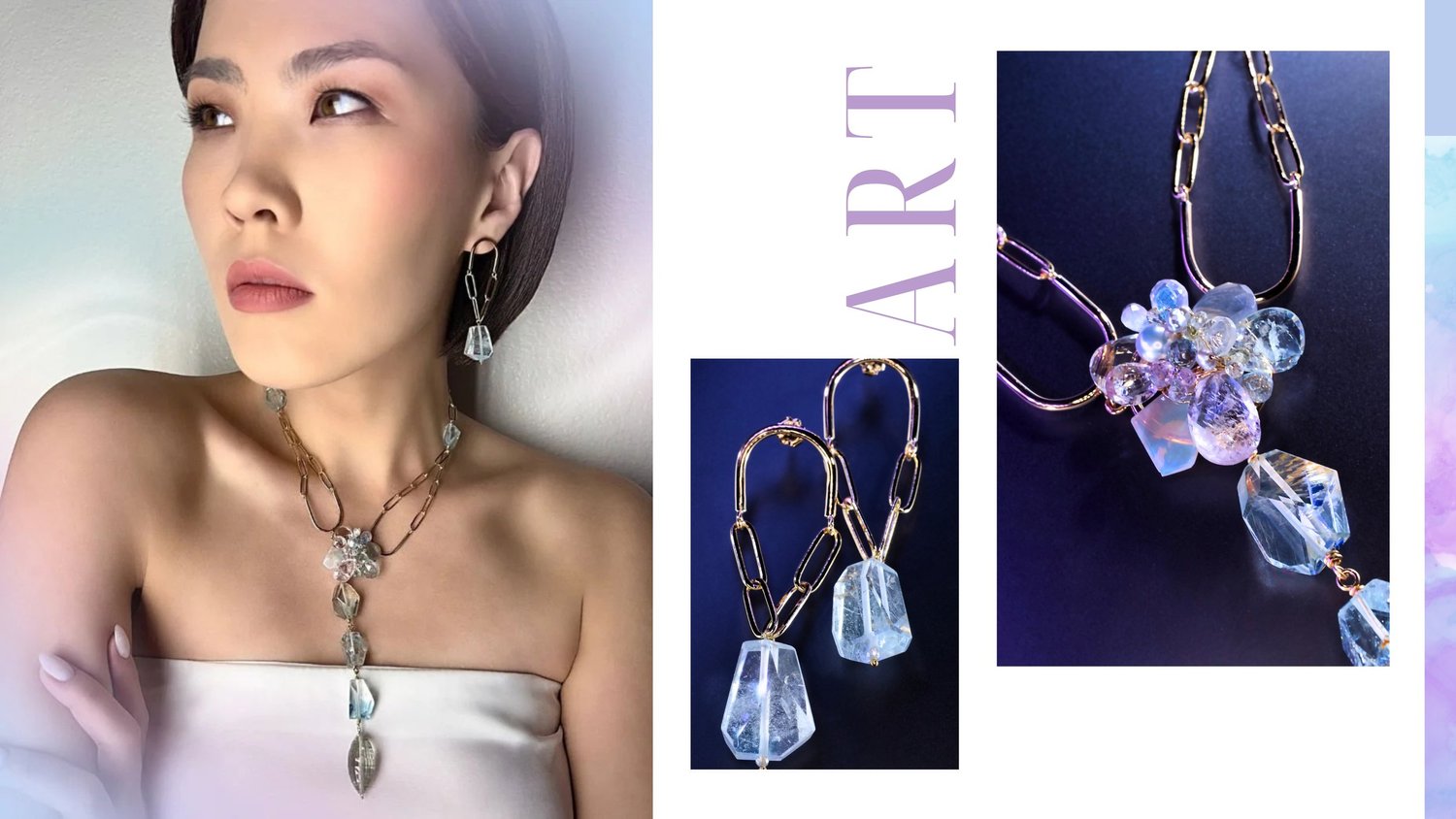 Model wearing a Tamar Collection quartz lariat necklace and drop earrings