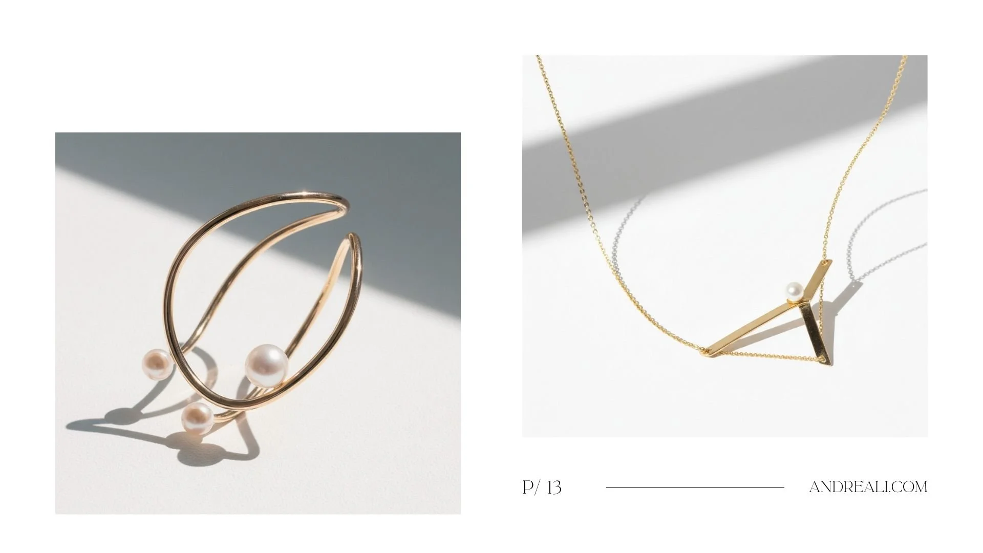 Aglow lookbook page showing two minimalist pearl designs: a sculptural gold cuff bracelet with clustered pearls and a geometric gold pendant necklace with a single pearl, photographed on a white background with dramatic shadows