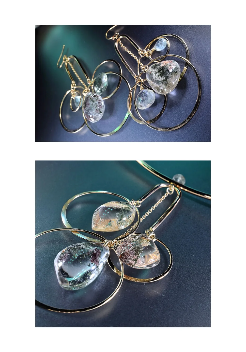 Two close-ups of gold hoop earrings and a gold choker by Andrea Li, each hung with clear garden quartz drops full of green and rust inclusions, on a dark teal surface