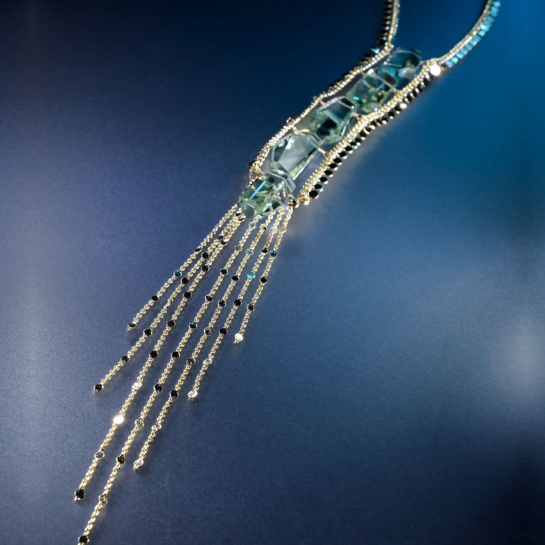 Long green amethyst sequin chain tassel necklace