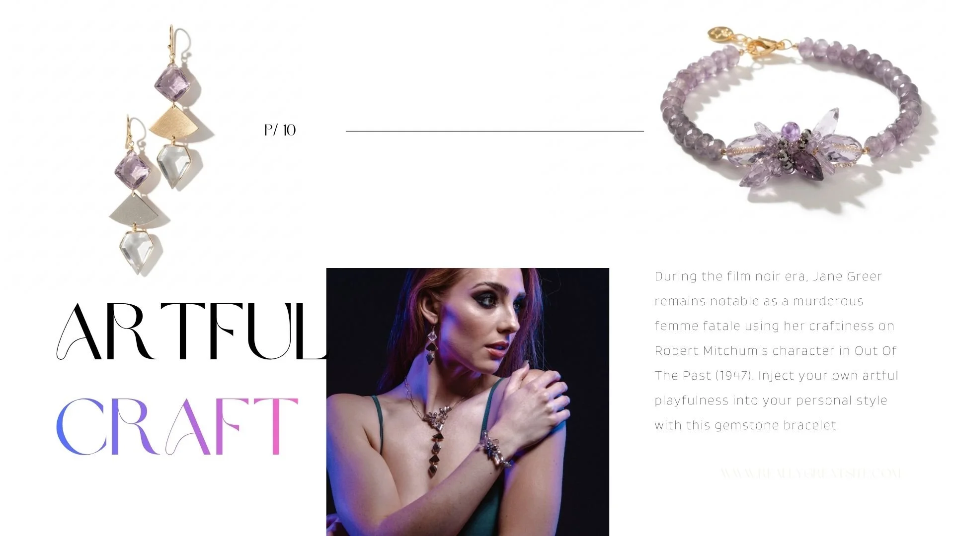 Editorial jewelry spread with lavender gemstone earrings and bracelet, plus a model portrait under moody purple-blue lighting.