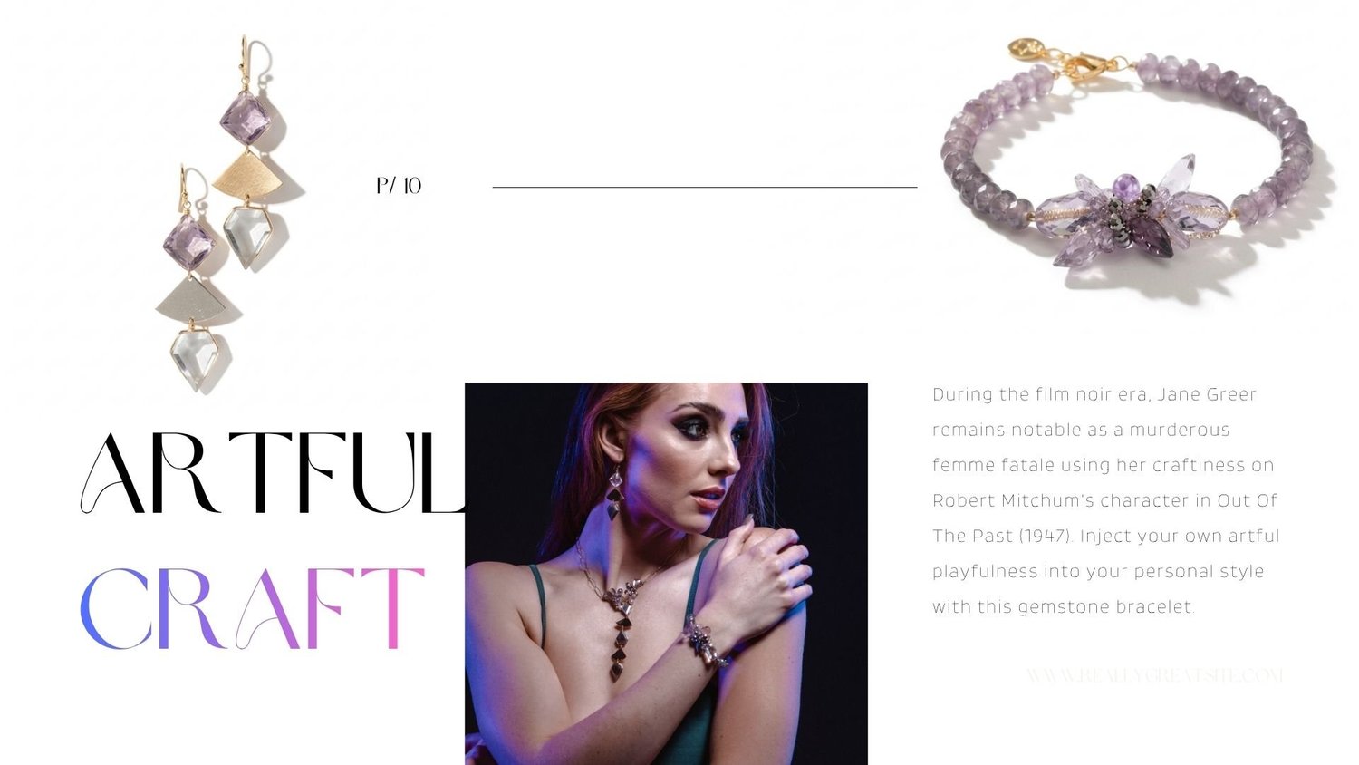 Editorial jewelry spread with lavender gemstone earrings and bracelet, plus a model portrait under moody purple-blue lighting.