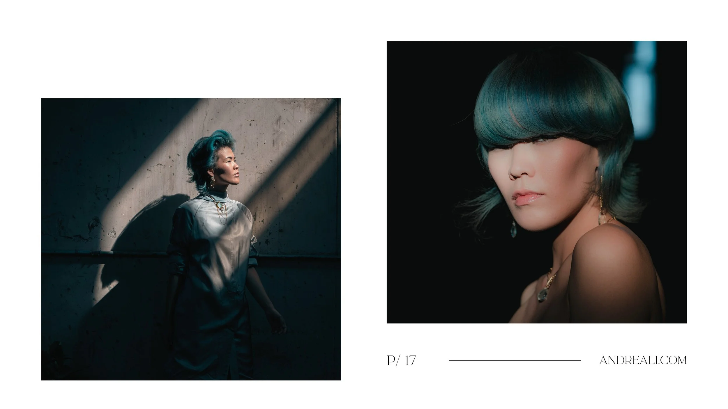 Editorial spread featuring moody model portraits in statement jewelry on a clean minimalist lookbook layout with page number and website text.