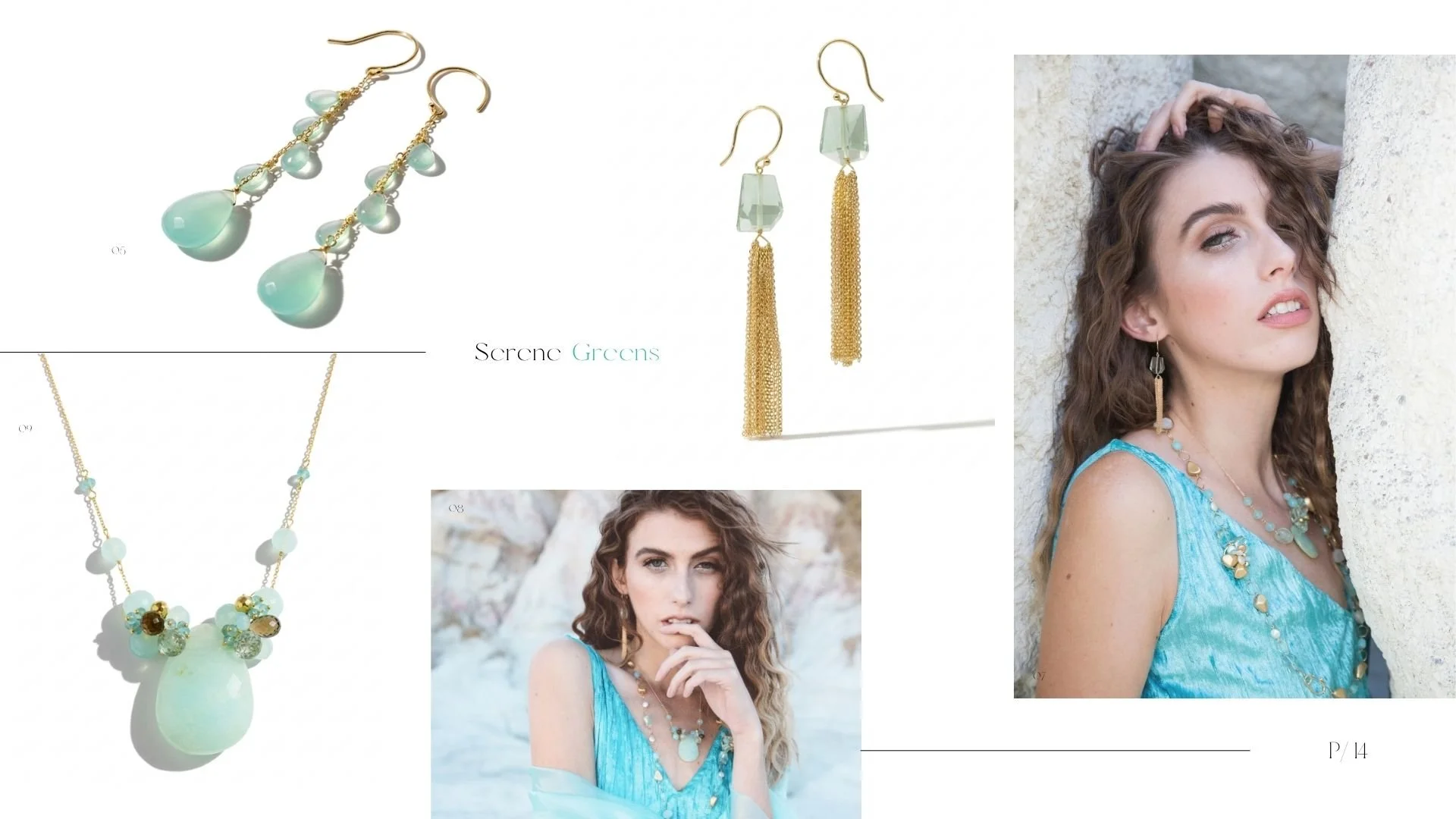 Lookbook collage with pale green gemstone earrings, a model portrait in an aqua dress, and product shots on white.