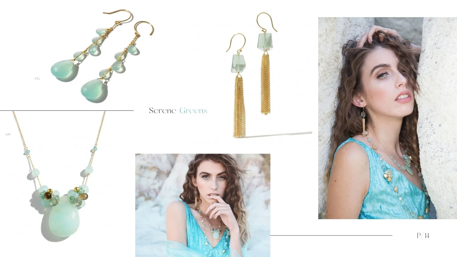 Lookbook collage with pale green gemstone earrings, a model portrait in an aqua dress, and product shots on white.