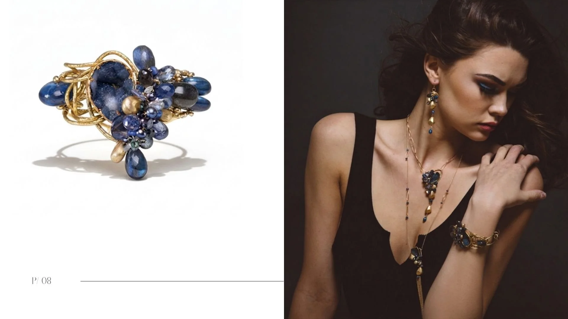Lookbook spread featuring a product photo of a sculptural blue gemstone statement ring beside a moody portrait of a model wearing matching blue-and-gold earrings, layered necklace, and bracelet against a dark background.
