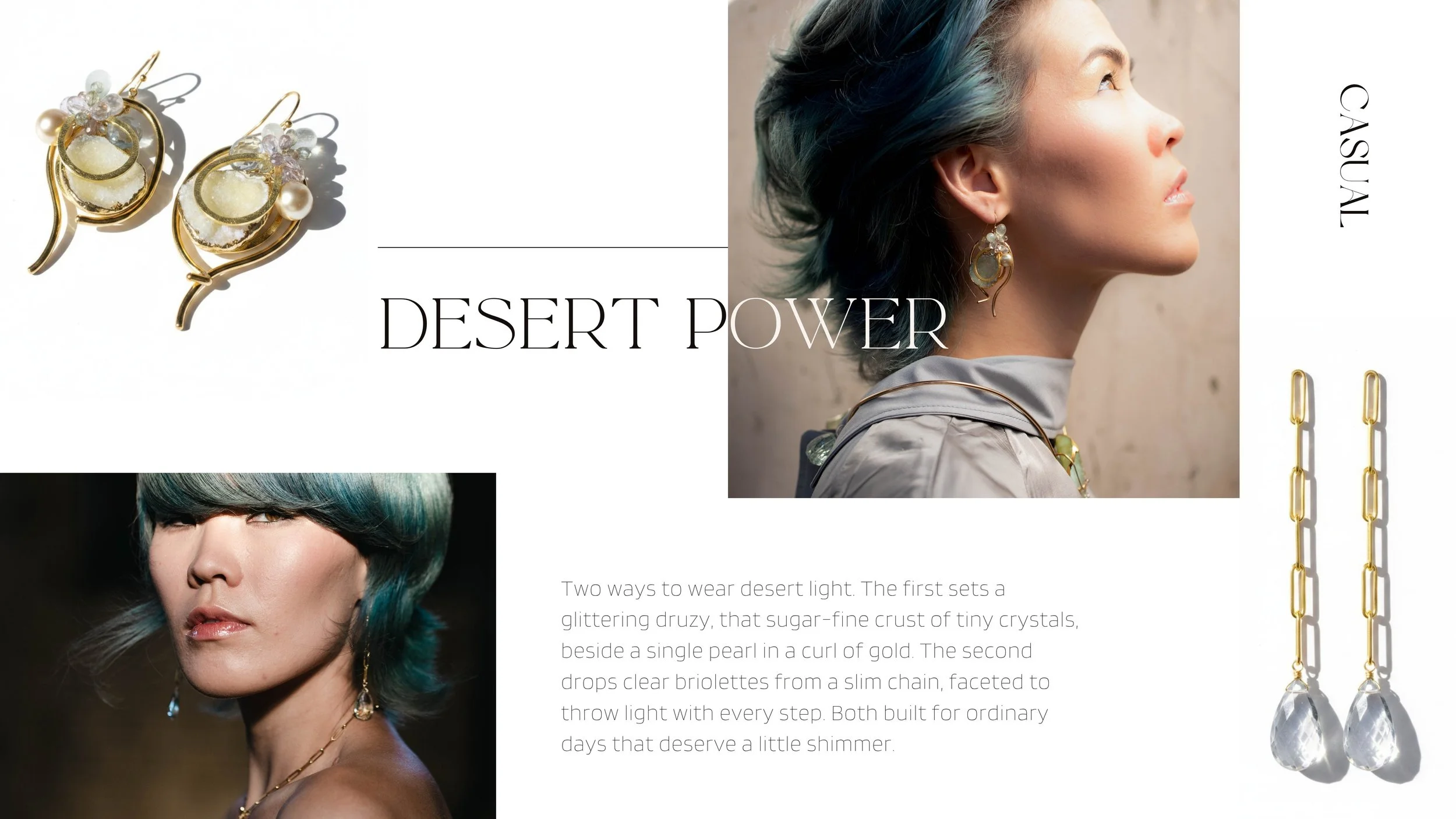 Editorial collage for Desert Power featuring a model wearing gold earrings, matching product shots, and styling text on a clean layout.