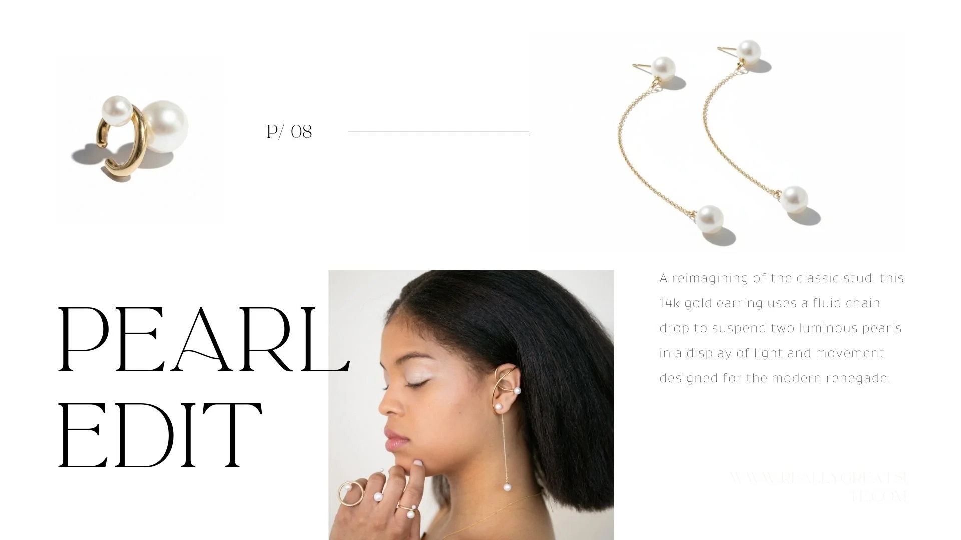 Pearl Edit lookbook page featuring 14k gold and pearl jewelry, with product shots of a sculptural pearl cuff and chain-drop pearl earrings above a model in profile wearing a pearl ear cuff and long threader earring.