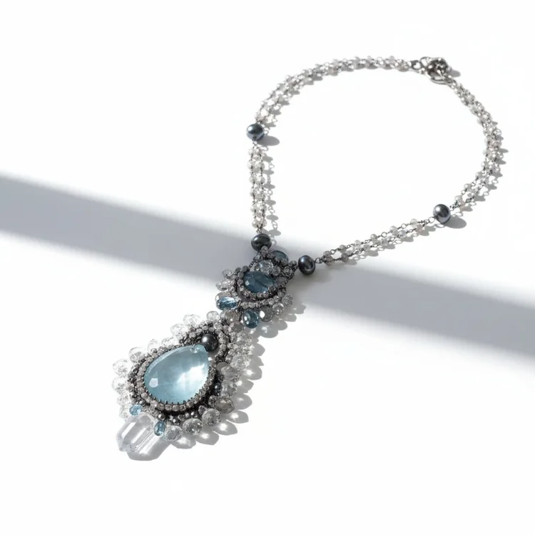 Large Aquamarine Teardrop Oxidized Sterling Silver Pendant Necklace, by Andrea Li