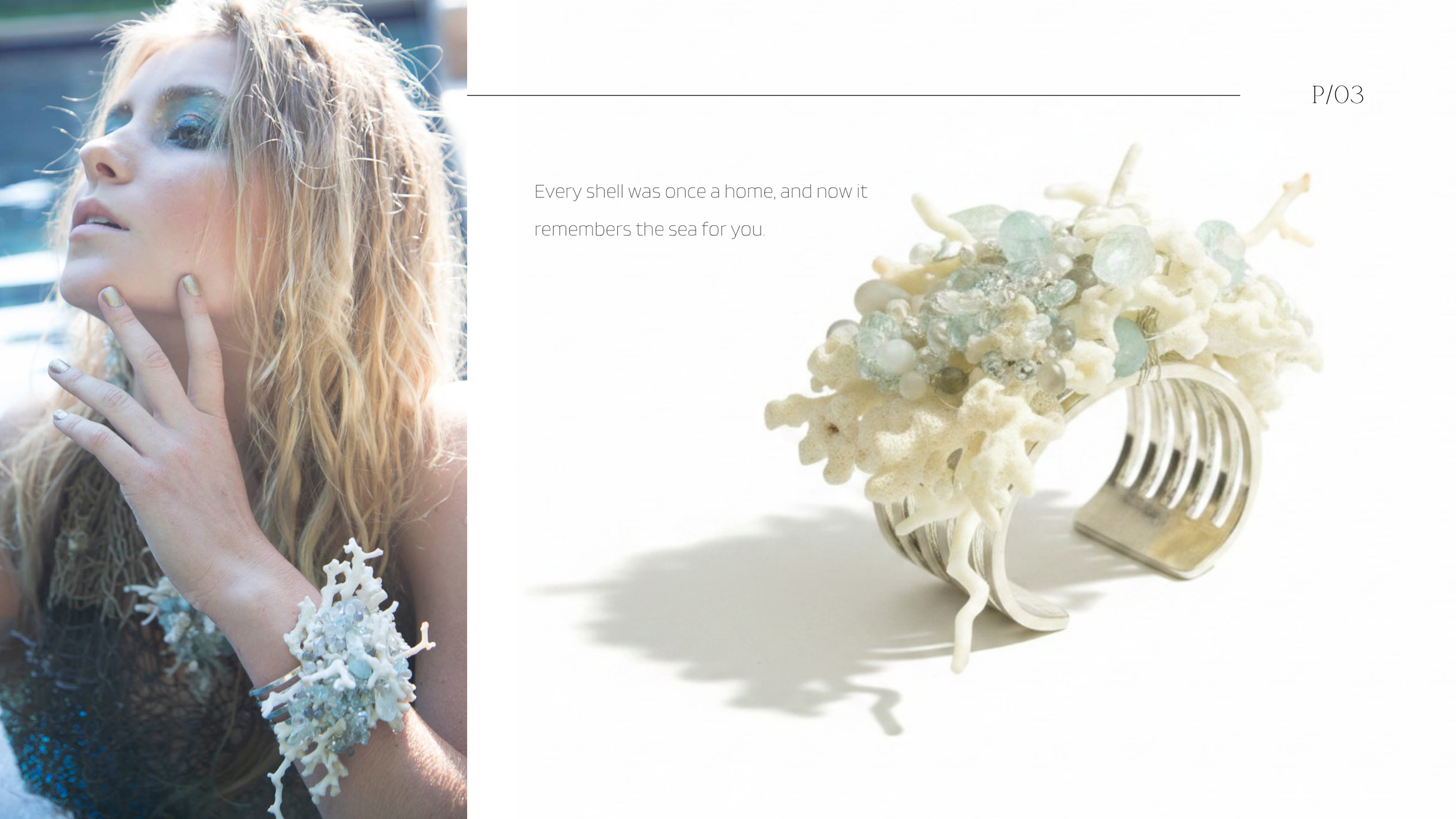 A model in the water beside a white coral and gemstone cuff by Andrea Li