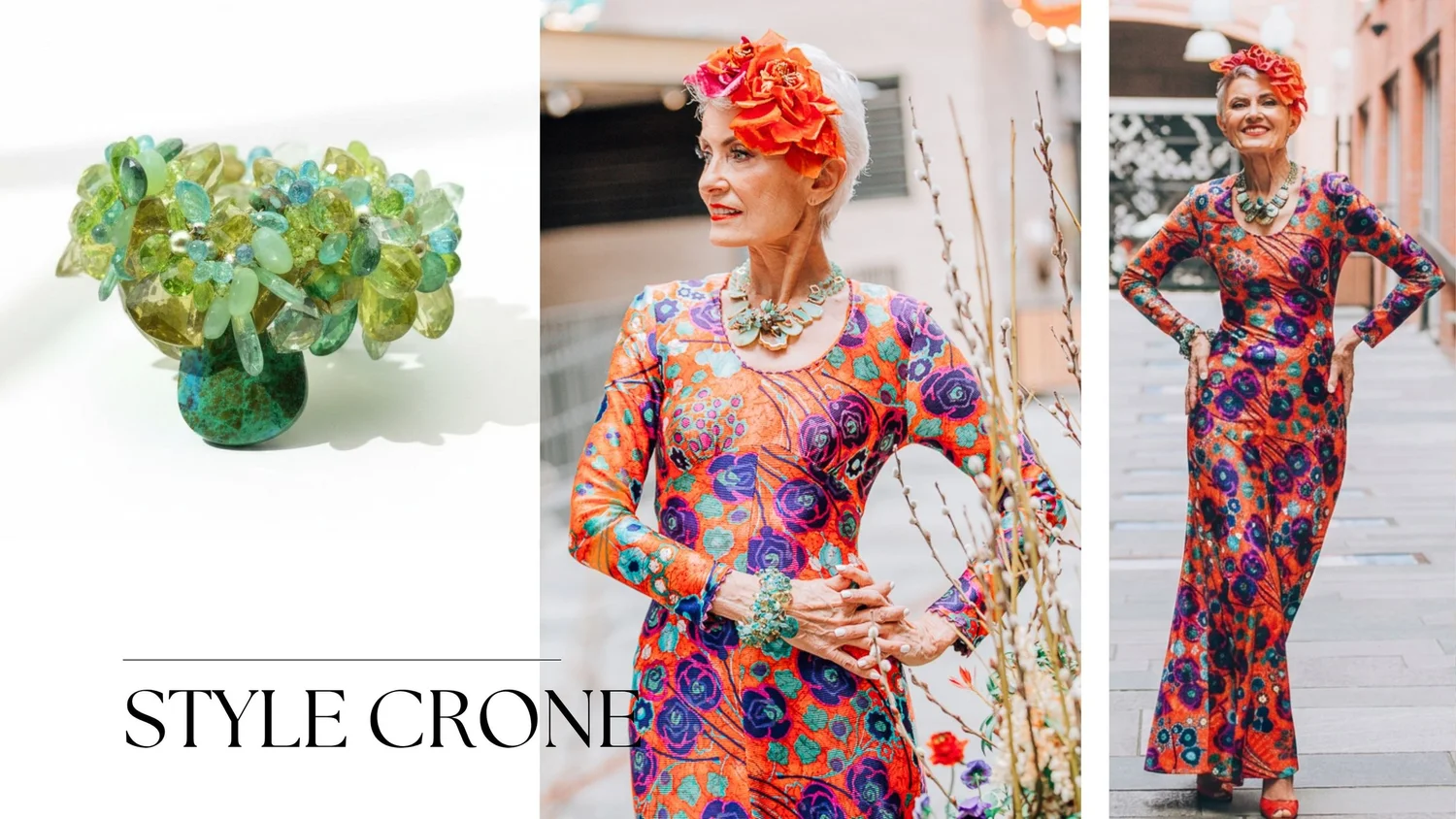 Style Crone lookbook spread, the model in floral dresses with a green gemstone statement necklace by Andrea Li