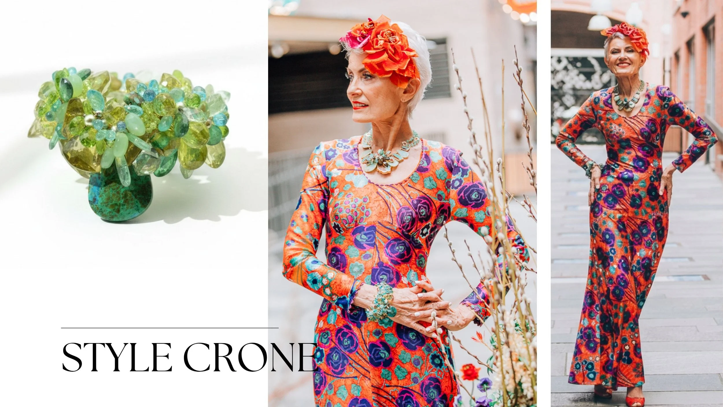 Style Crone lookbook spread, the model in floral dresses with a green gemstone statement necklace by Andrea Li