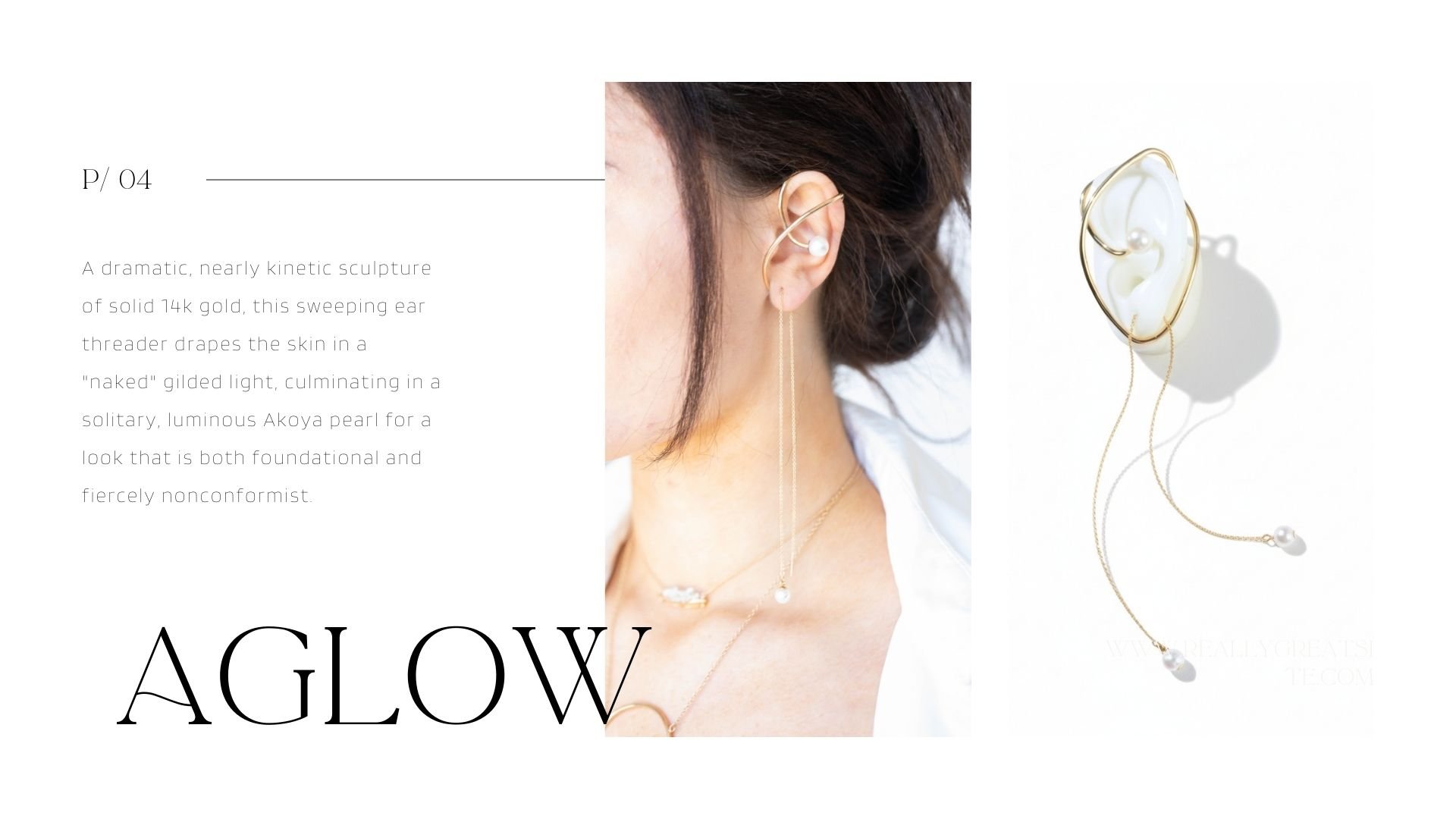 Aglow lookbook page featuring a model wearing a sculptural 14k gold ear threader with a pearl ear cuff and long double chain drop, alongside a product shot of the same pearl ear threader on a white background.