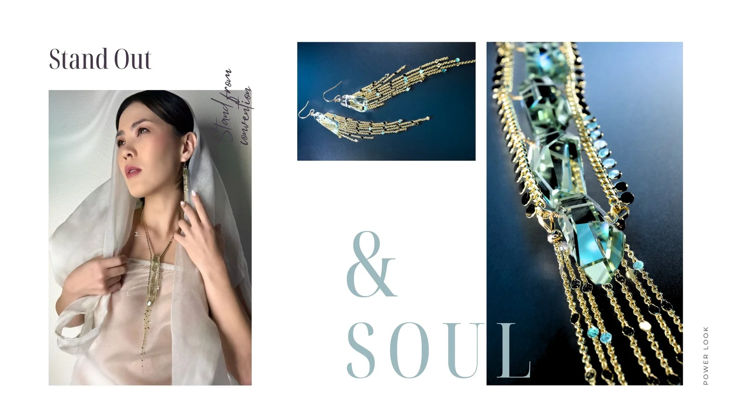Model in organza wearing Tamar Collection green amethyst tassel earrings and pendant necklace