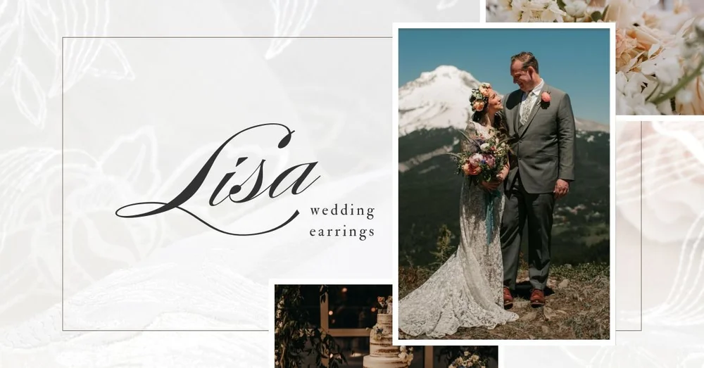 Client story graphic for Lisa's wedding earrings, featuring elegant script text, a photo of a bride and groom smiling at each other outdoors with a mountain backdrop, and soft floral accents on a light textured background.