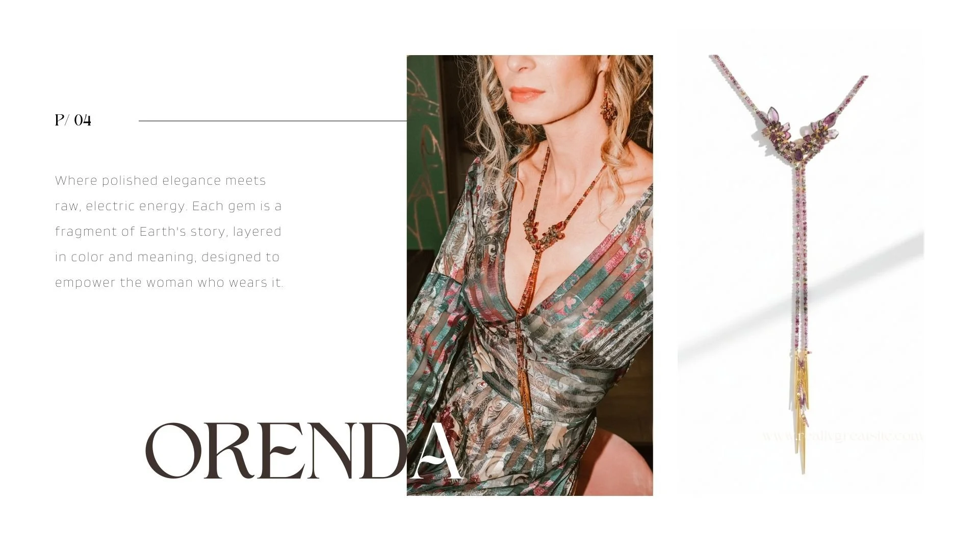 Orenda lookbook page showing a model wearing a long multi-strand tourmaline lariat necklace with a gemstone cluster and gold tassel drop, alongside a clean product photo on a white background.