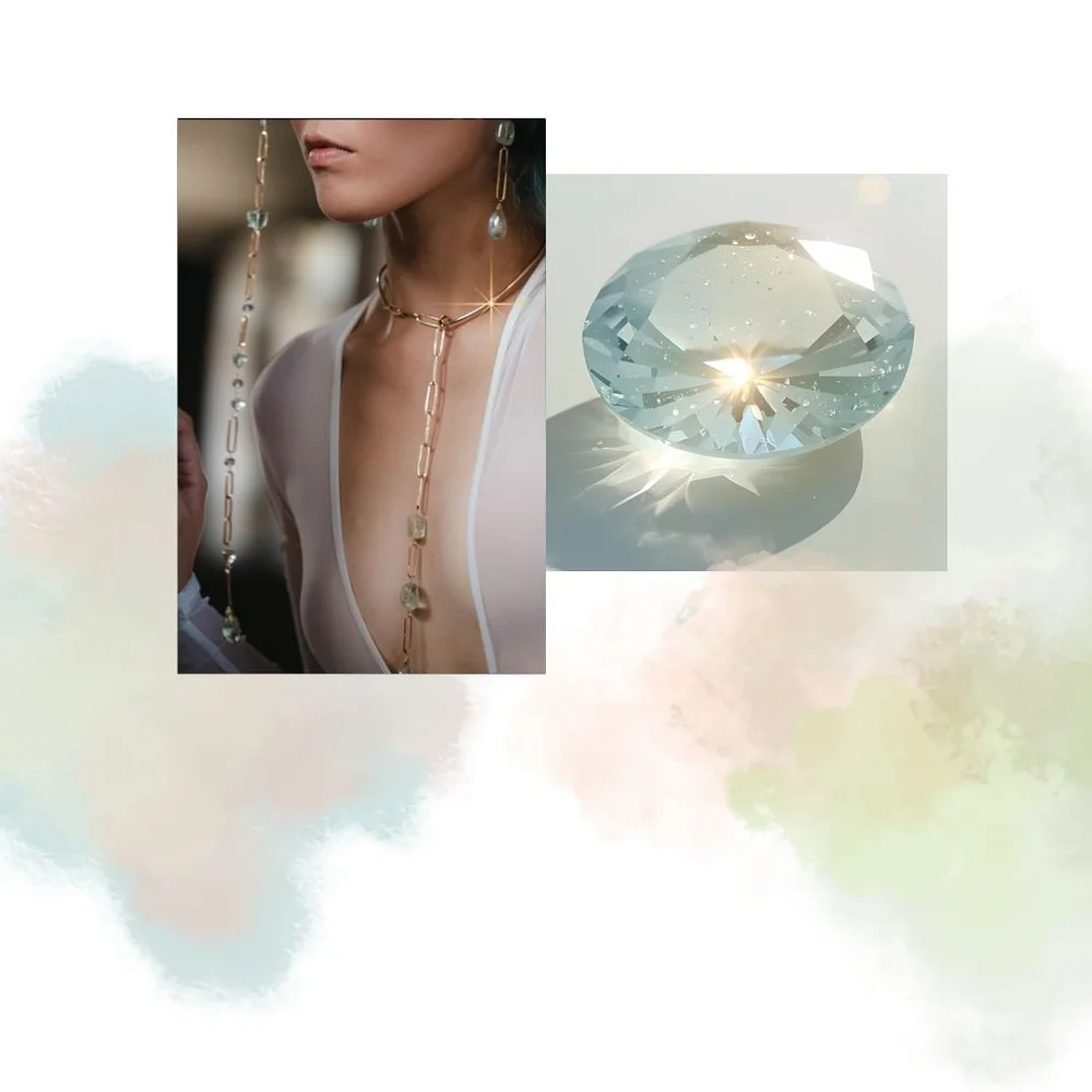 model wearing an aquamarine gemstone gold paperclip chain modern choker