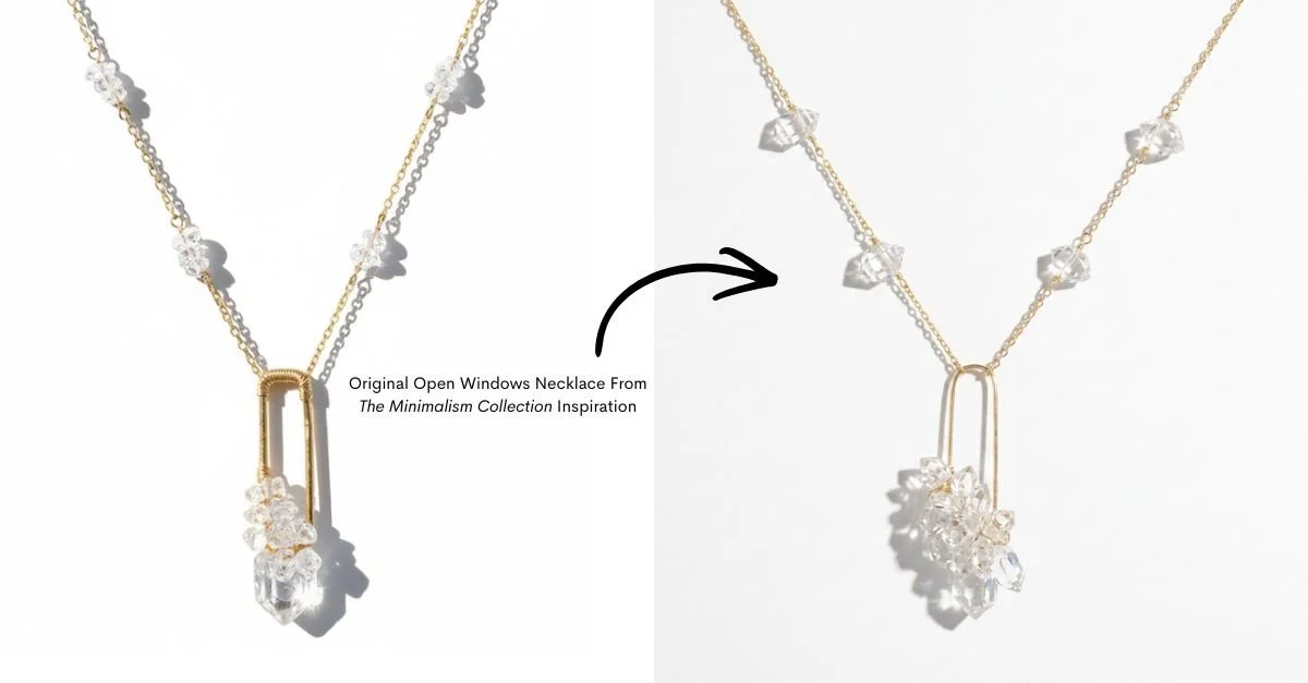 Side-by-side view of the original Open Windows necklace and its crystal-accented reinvention, linked by a hand-drawn arrow.