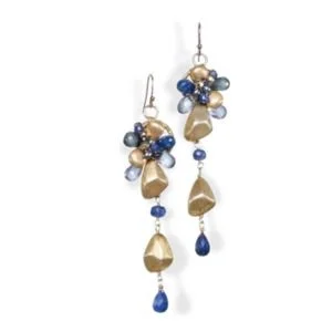 Dangling earrings with blue gemstone clusters, gold nuggets and a blue drop, by Andrea Li