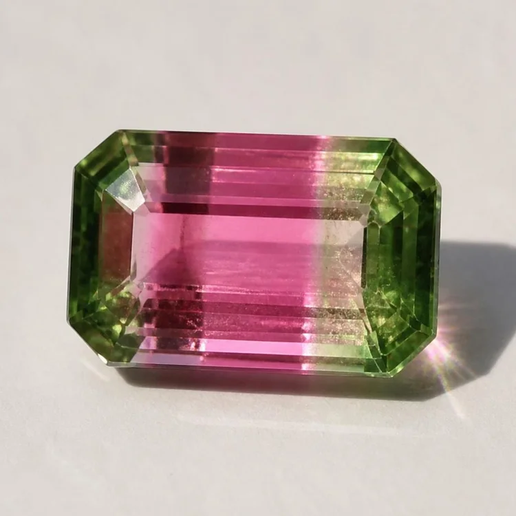Illustration of a faceted watermelon tourmaline, pink and green