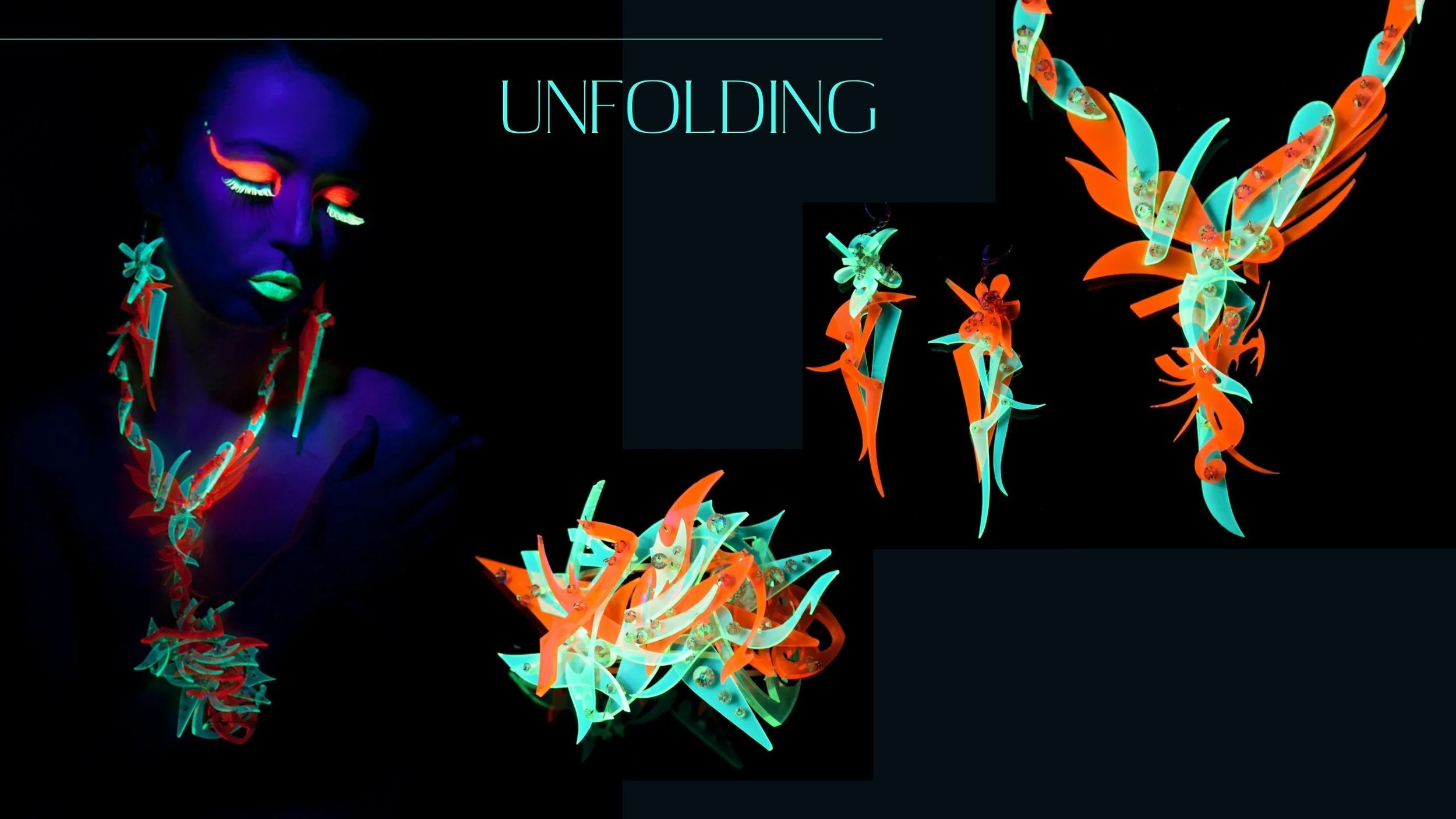 UV fashion spread featuring a model in neon makeup wearing fluorescent orange and teal sculptural necklace, earrings, and cuff.