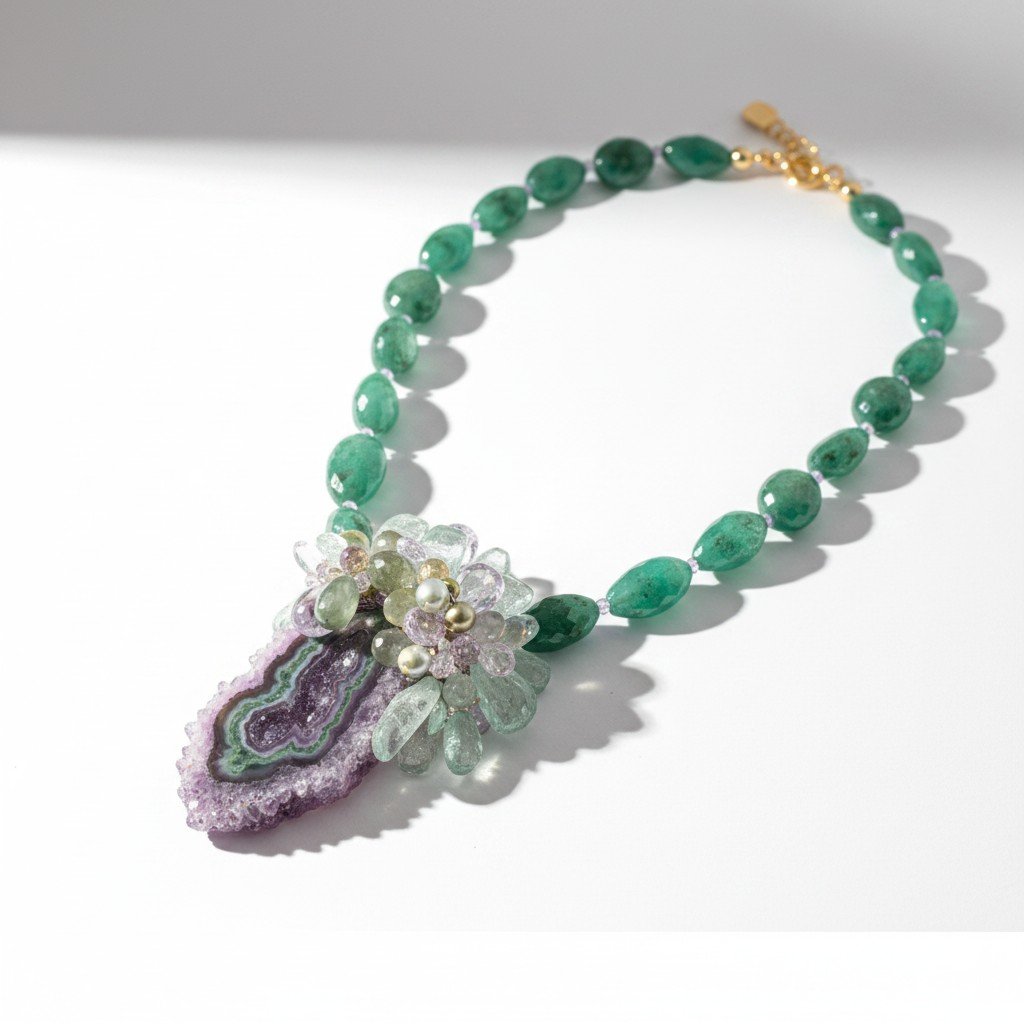 Close-up of a pastel gemstone statement necklace with amethyst slices, soft green stones, and gold accents on a white background.