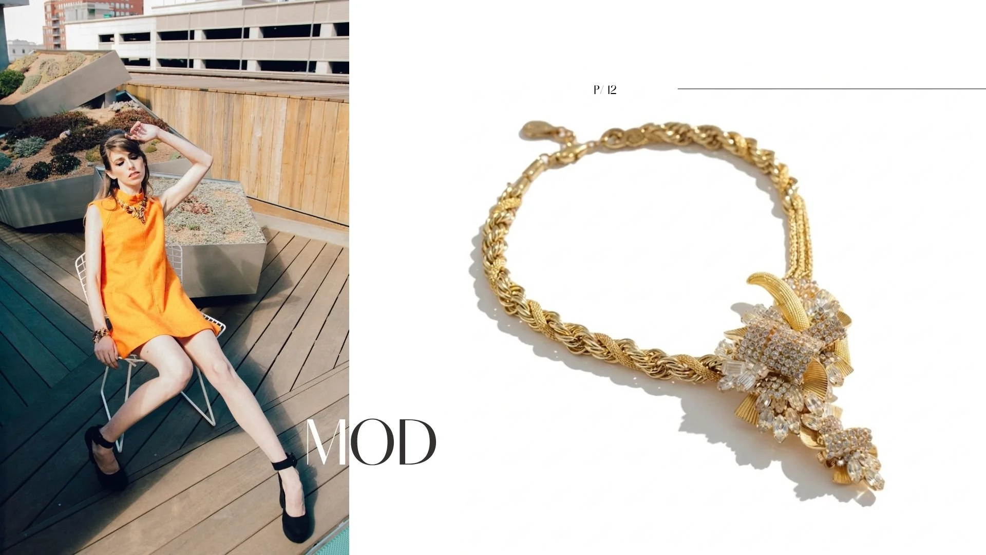 Mod lookbook spread with a model in an orange shift dress on a rooftop, beside a close-up of an ornate gold statement necklace.