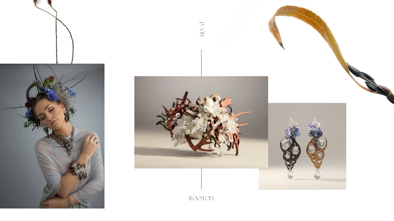Editorial-style lookbook spread featuring a model in sculptural botanical jewelry and headpiece, alongside product photos of an organic statement cuff and coordinating drop earrings with crystals and purple gemstones.