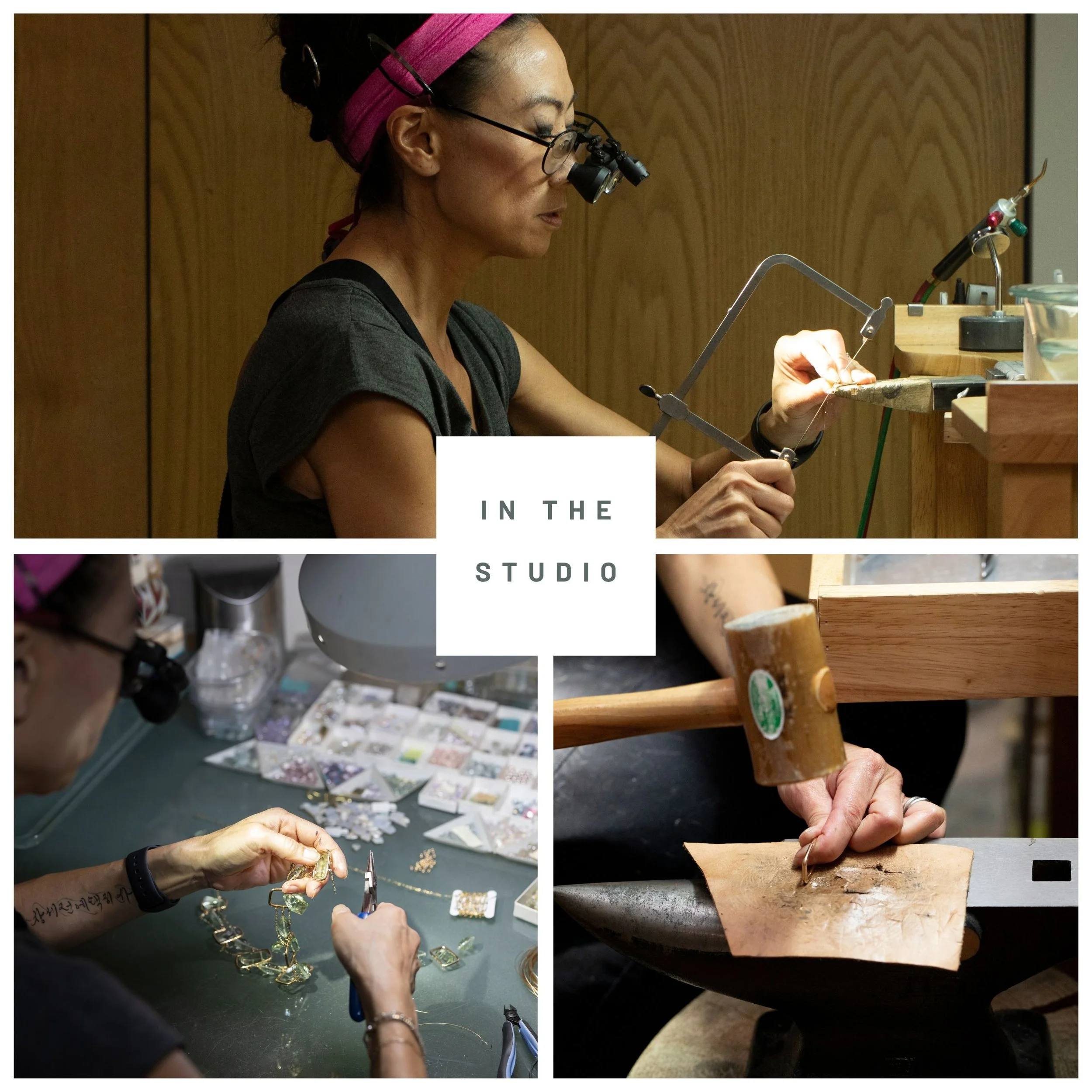 Collage of a jewelry maker at the bench sawing, shaping, and assembling pieces in the studio with tools and gemstones.