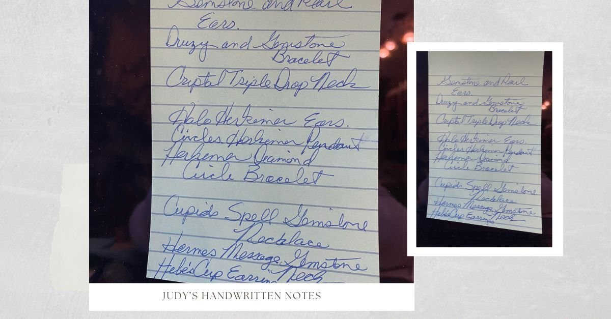 Photo of Judy’s handwritten jewelry design notes on lined paper, shown in a layered collage with a smaller inset image on a soft gray background.