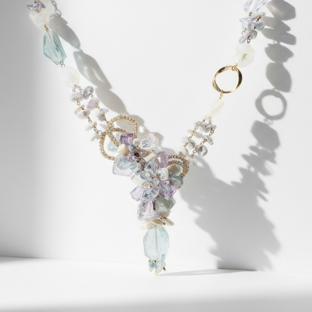 Fairy Dynamite, a one-of-a-kind pastel gemstone cluster necklace by Andrea Li