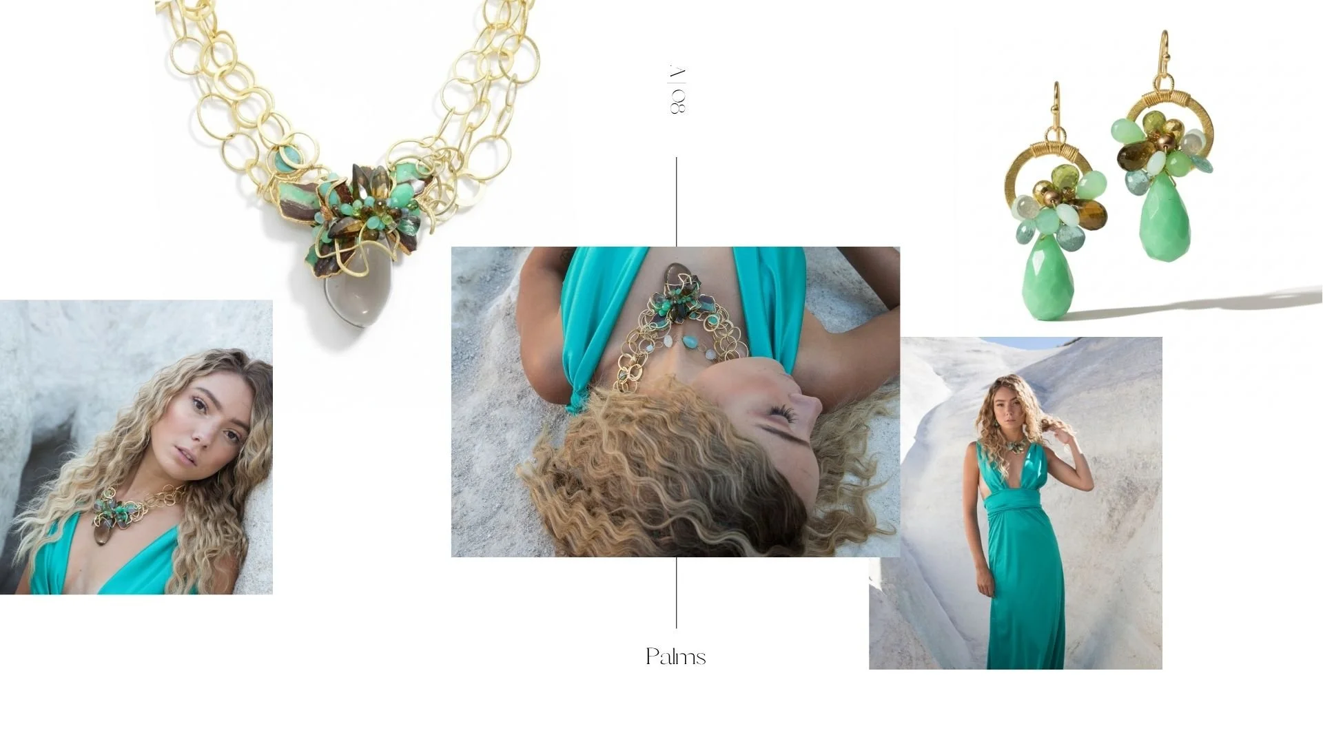 Lookbook collage with turquoise and green gemstone jewelry, including necklace and earrings, paired with model portraits in an aqua dress.