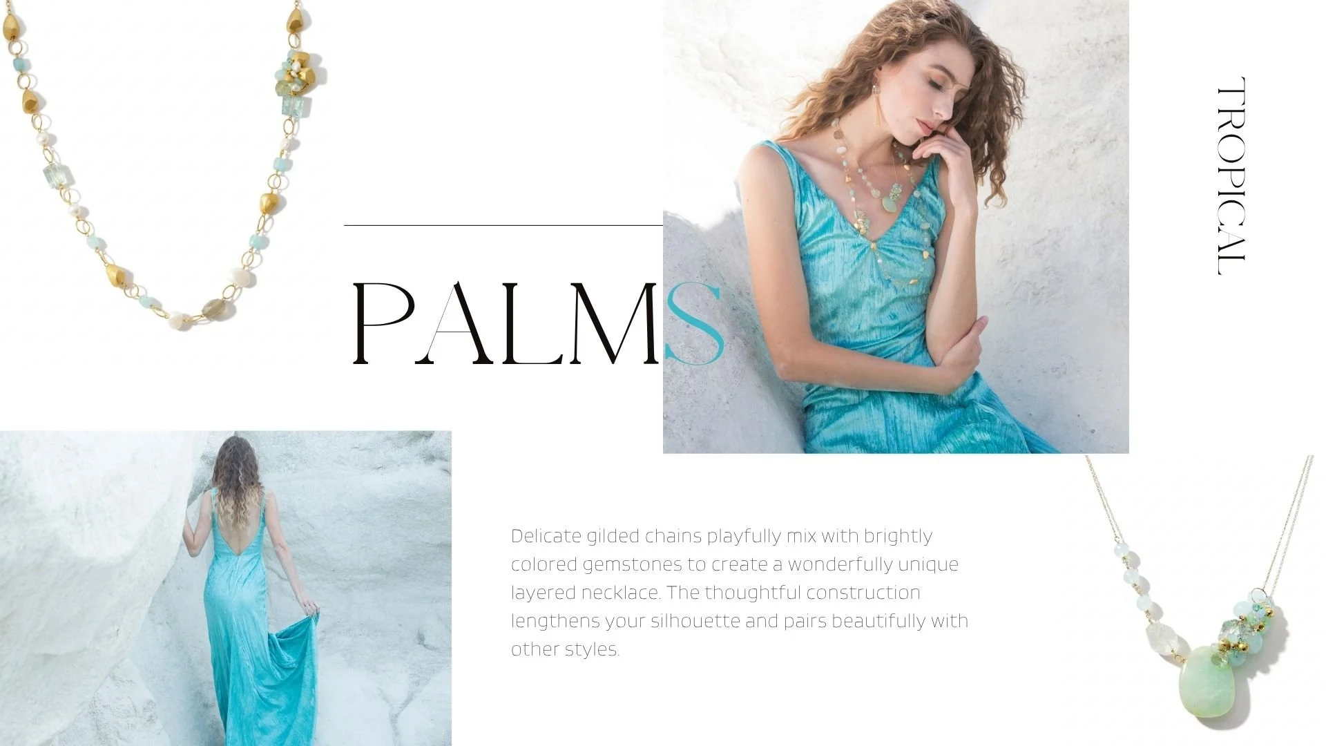 Lookbook collage with a model in an aqua dress, layered pale green gemstone necklaces, and product shots on a white background.