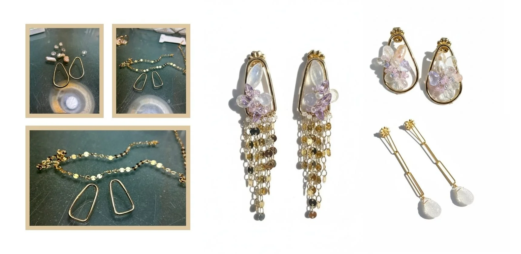 Studio collage showing Second Light earrings in progress beside finished gold designs with pastel gemstones, pearls, and chain fringe.