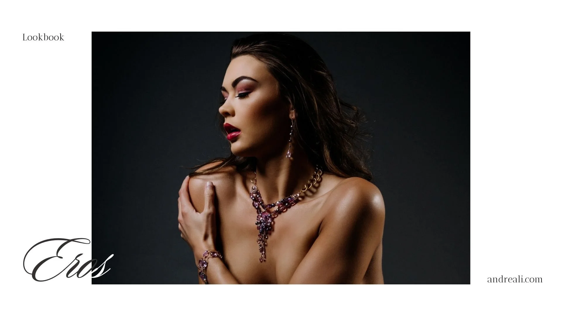 Lookbook cover image featuring a model in dramatic lighting wearing amethyst gemstone earrings, bracelet, and statement necklace, with text Eros and andreali.com.