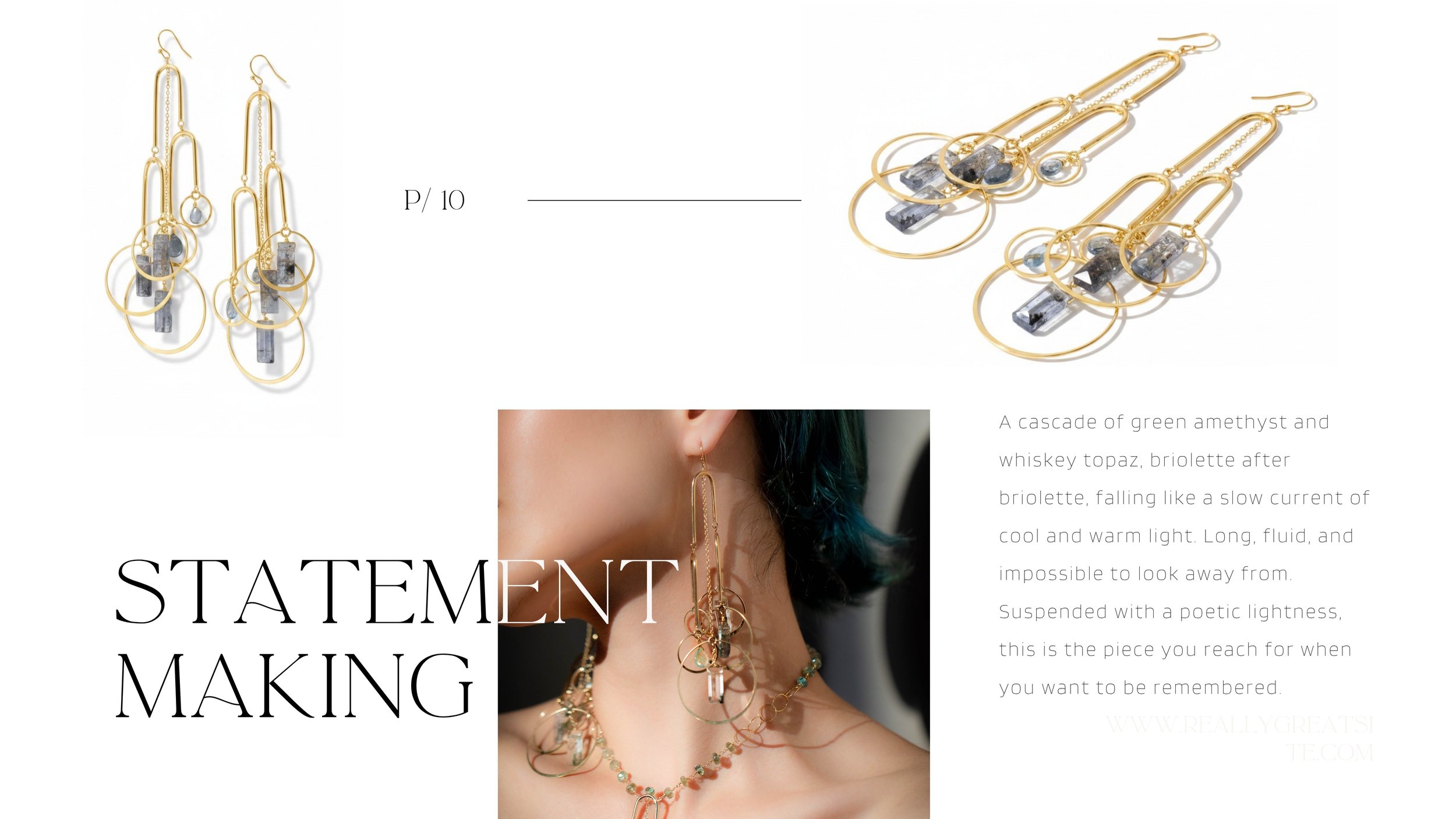 Editorial spread for Desert Power featuring statement earrings, model detail, and descriptive text on a clean minimalist layout.