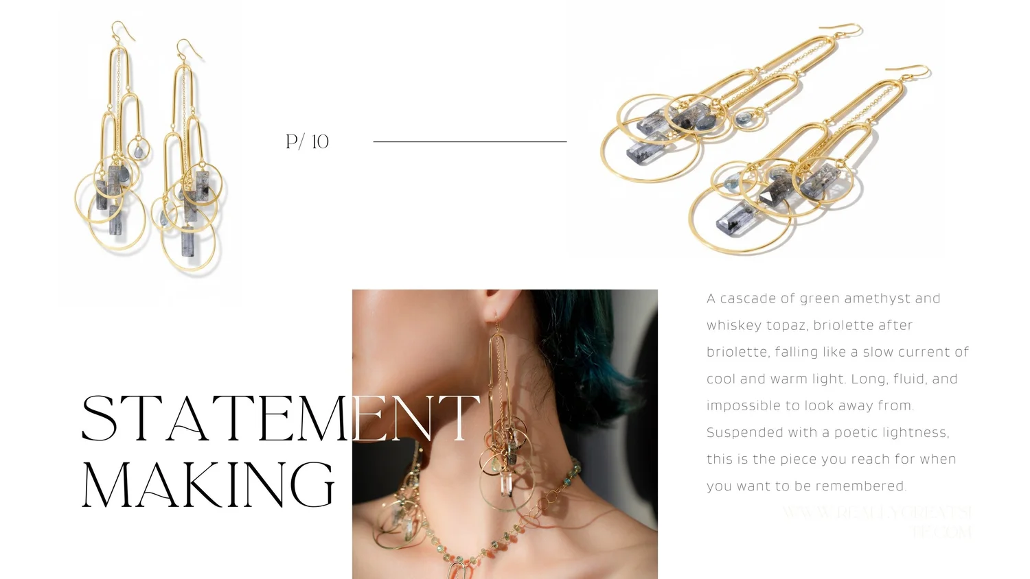 Editorial spread for Desert Power featuring statement earrings, model detail, and descriptive text on a clean minimalist layout.