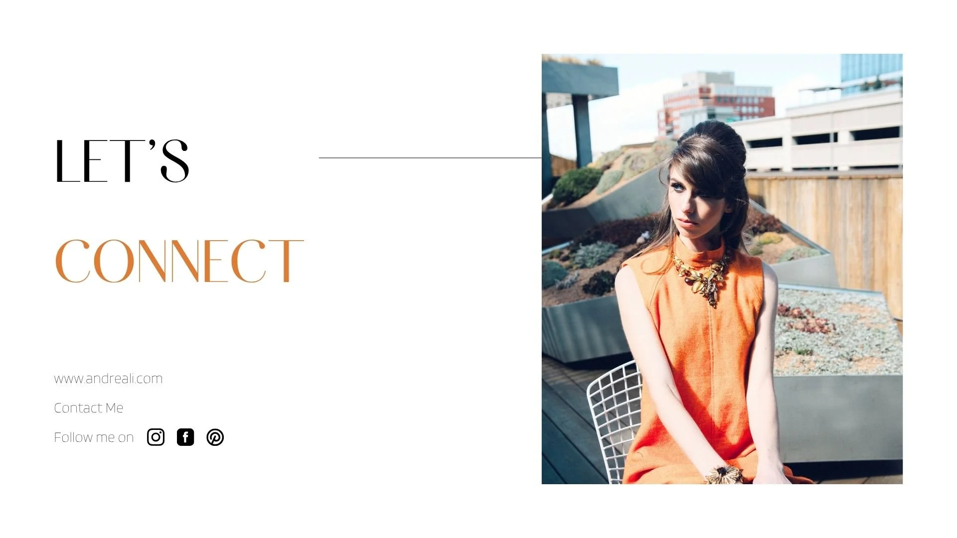 Contact page with “Let’s Connect” text and a model in an orange mod dress posed on a rooftop terrace.