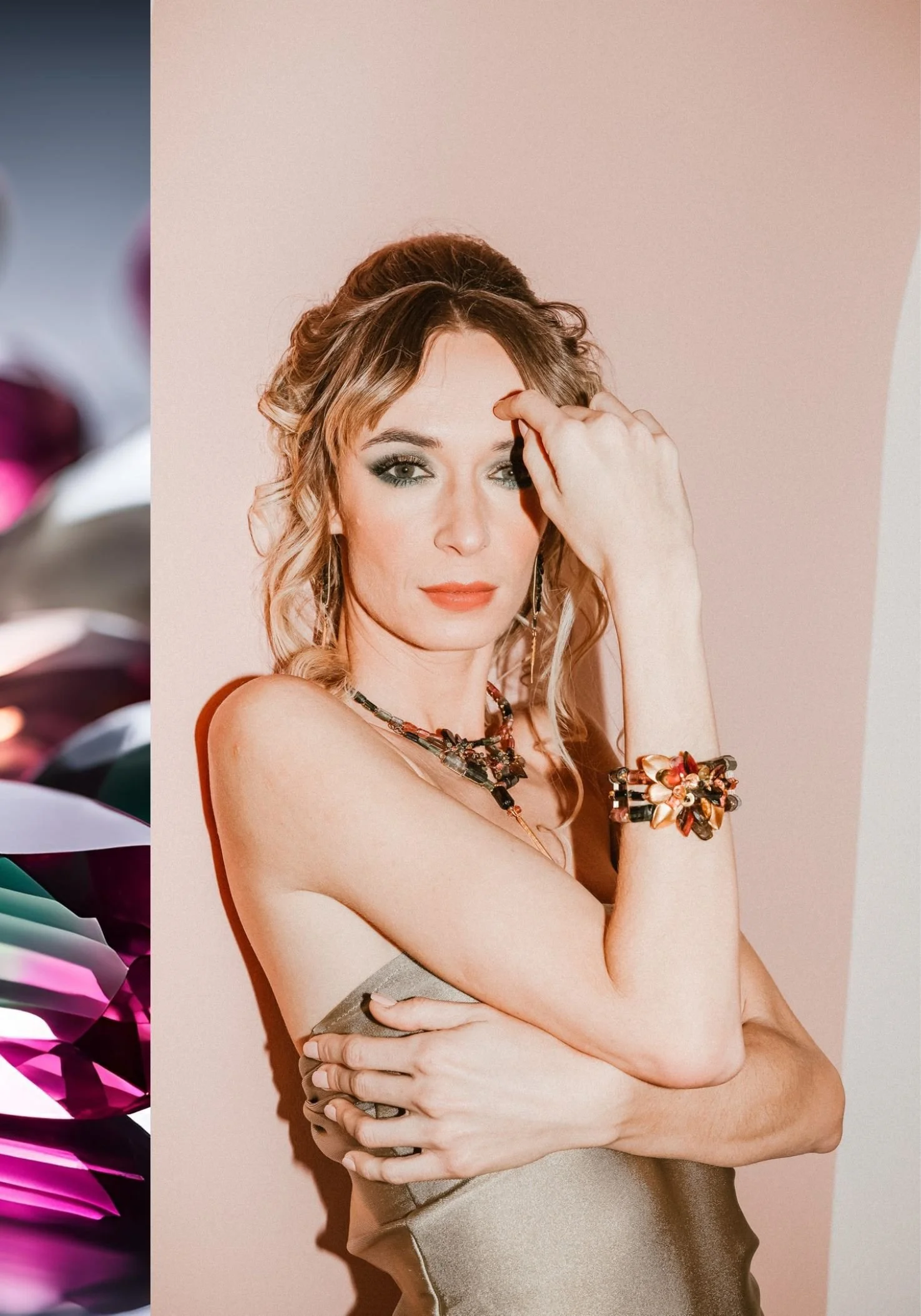 A model with wavy blonde hair in a champagne satin dress wearing a tourmaline statement necklace and a tourmaline cuff, beside a close-up of faceted pink and green tourmalines